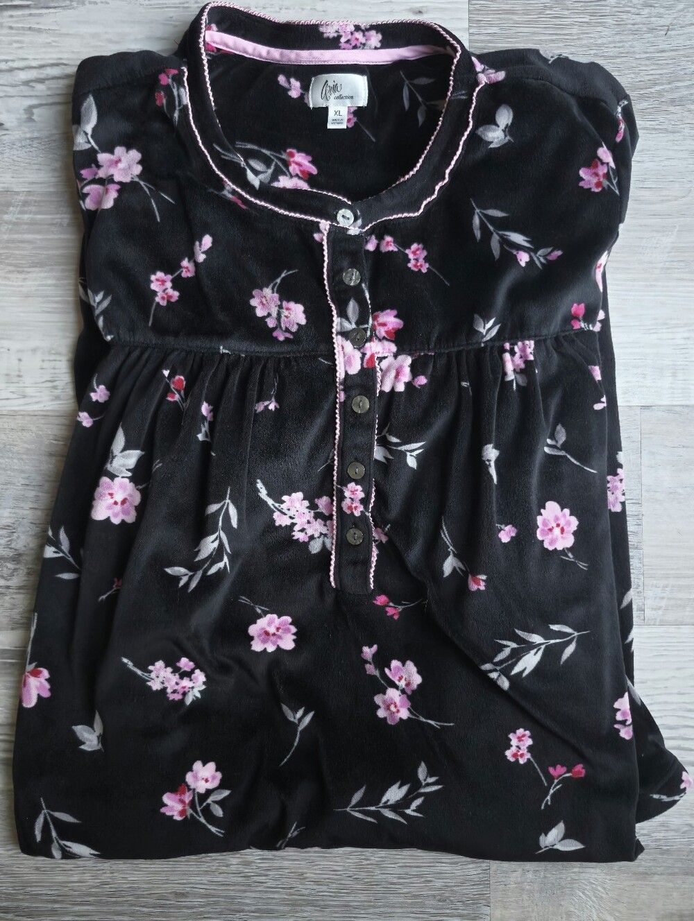 Aria Collection XXL Floral Velour Nightgown Lounge Dress Pockets Black Pink
